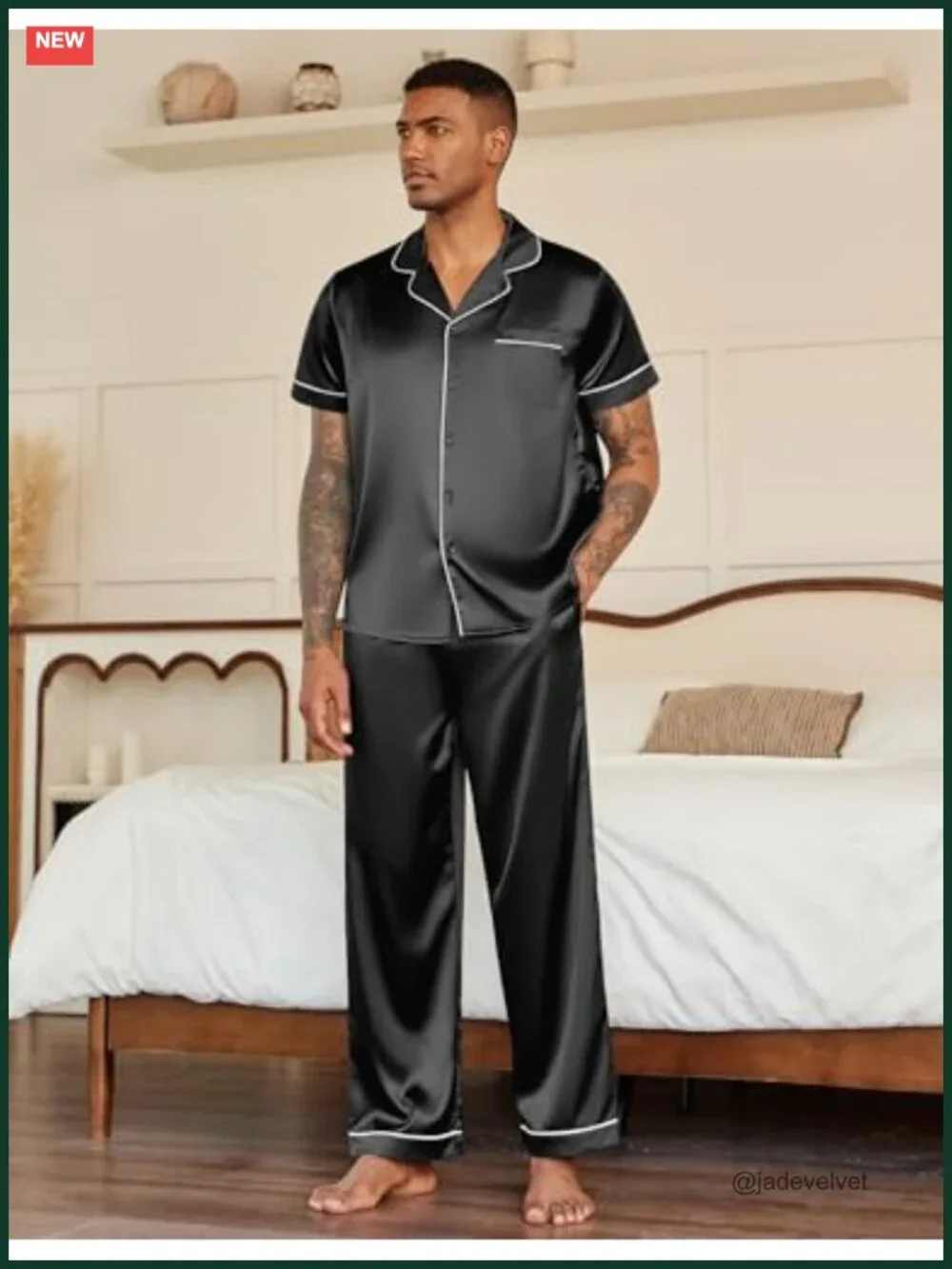Mens Satin Pajama Set Short Sleeve Button Down Sleepwear Loungewear with Long